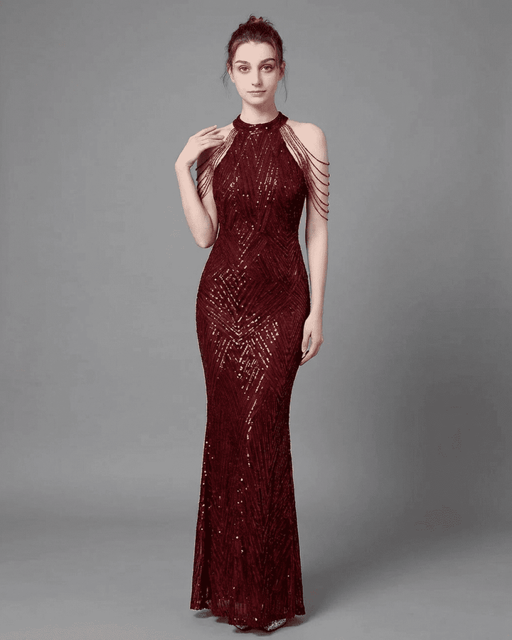 Vestido maxi rojo brillante de gala para mujer, diseño sirena elegante sin mangas. Perfecto para fiestas y noches especiales.