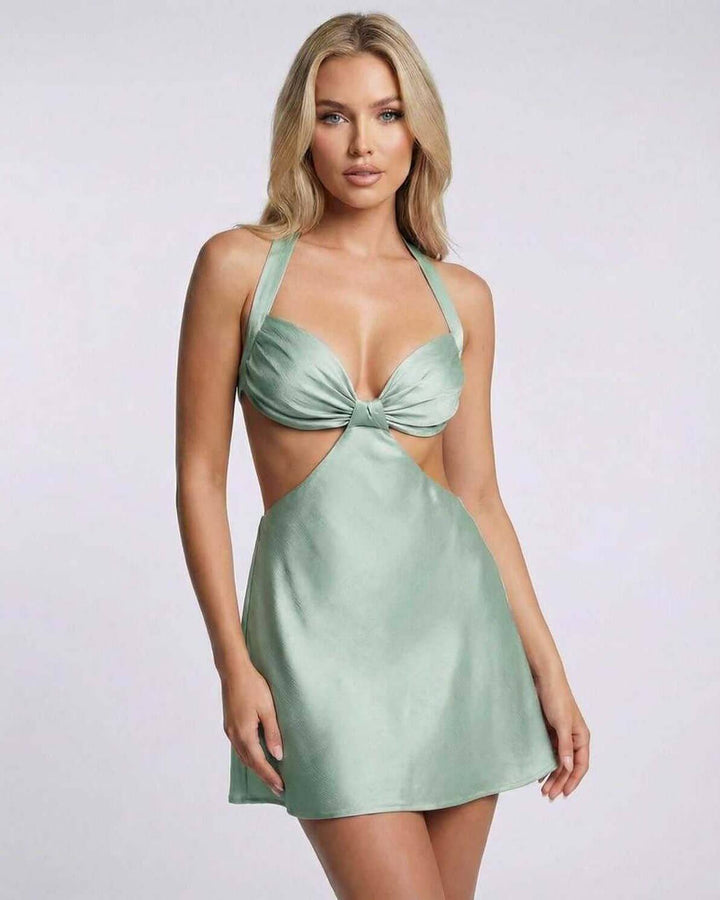 Vestido mini elegante para mujer con cuello halter y sofisticado diseño cut-out, perfecto para fiesta y club.