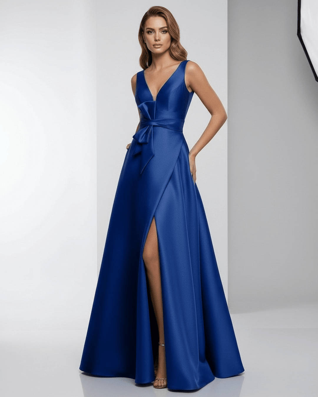 Mujer luciendo elegante vestido maxi blanco sin mangas, perfecto para eventos de gala.
