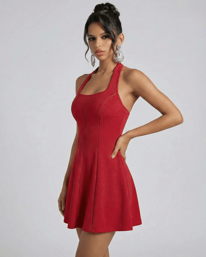Vestido de verano rojo mini para mujer, acampanado y sin mangas, moda fresca y elegante.