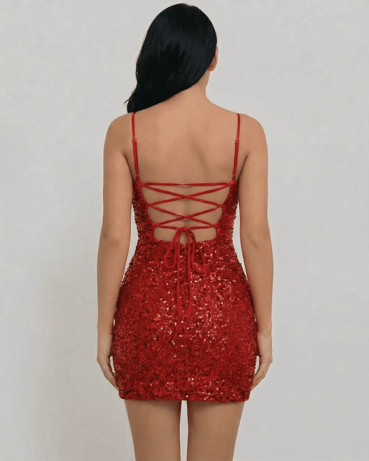 Vestido mini de noche con espalda ajustable, escote V, perfecto para fiestas y ocasiones especiales.