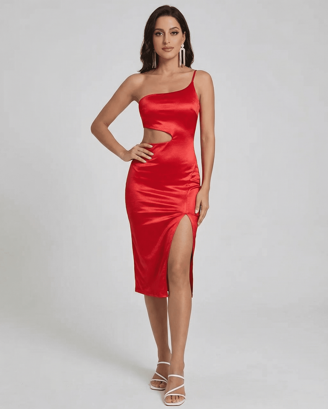 Vestido midi Scarlett rojo elegante, diseño de un hombro, corte esculpido para mujer.