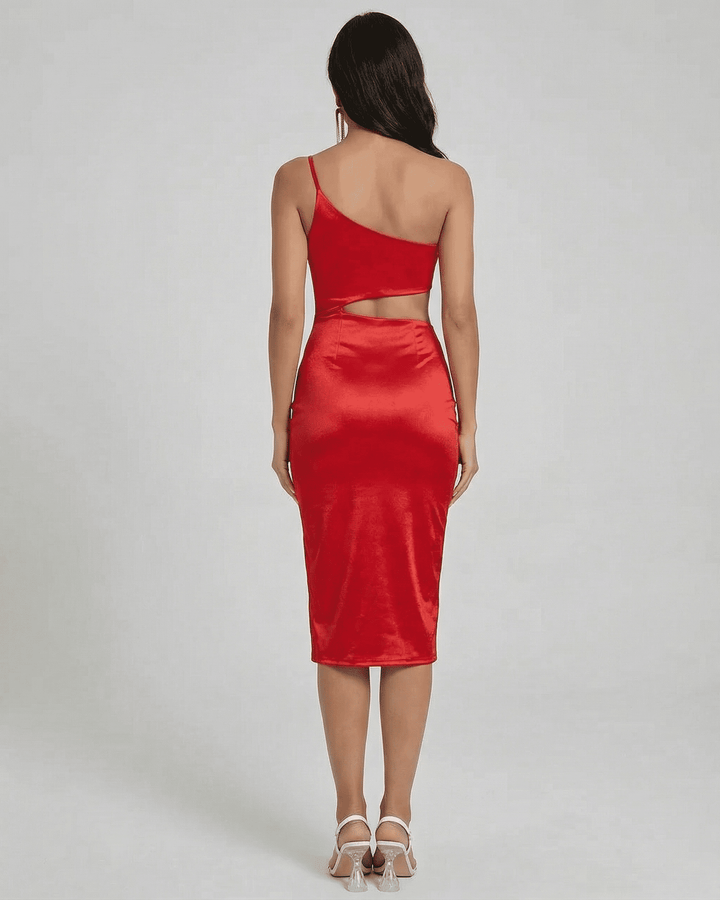 Vestido midi bodycon rojo para fiesta o noche, ajustado, de un hombro, resalta la figura femenina.