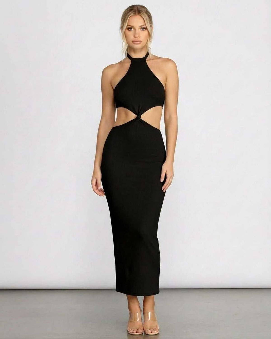 Elegante vestido bodycon midi para mujer con escote halter. Ideal para fiesta, cóctel y eventos especiales.