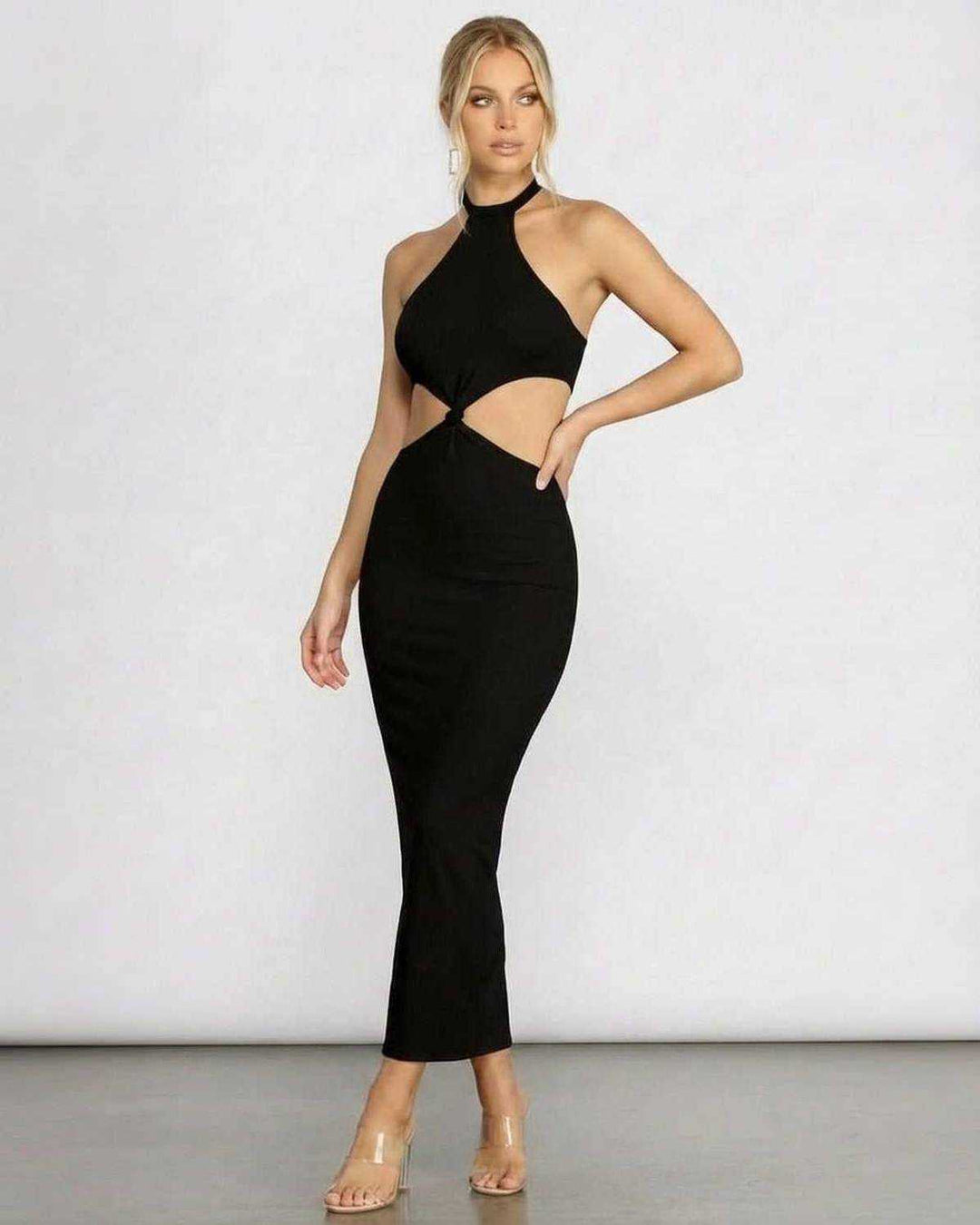 Vestido de fiesta midi bodycon con escote halter. Diseño moderno y femenino que realza la figura, perfecto para noche.