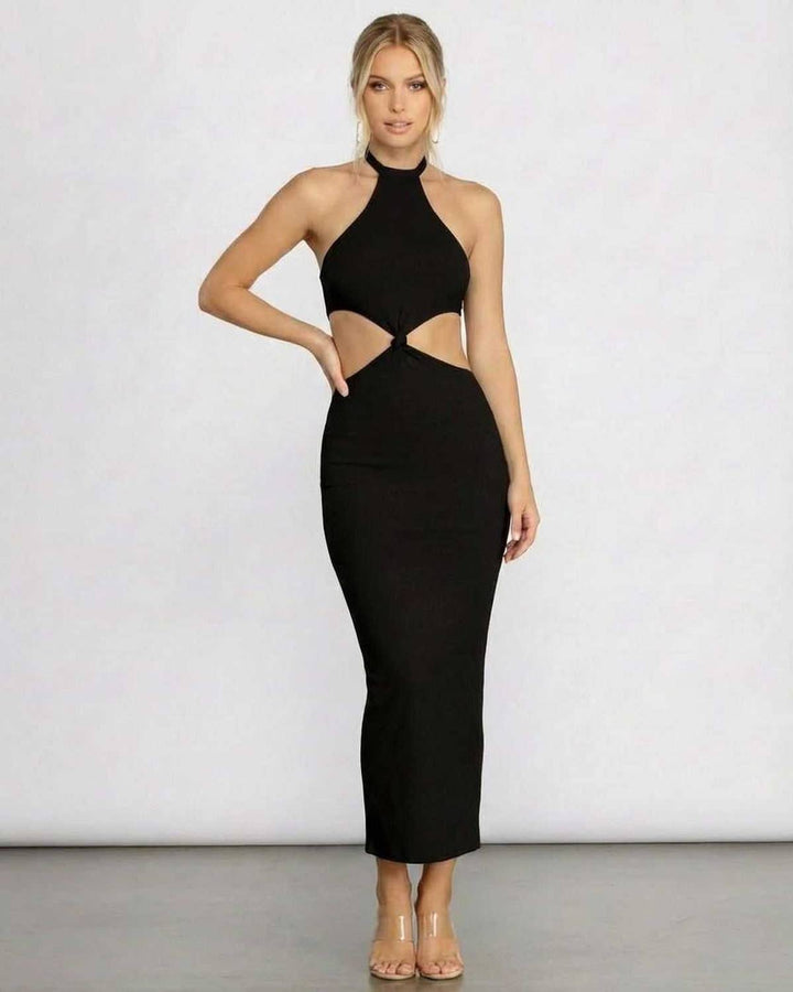 Vestido ajustado bodycon midi con cuello halter. Estilo sofisticado para noches de gala y celebraciones.