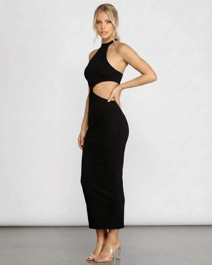 Vestido elegante de noche, modelo bodycon midi con escote halter. Perfecto para cóctel, primavera y verano.