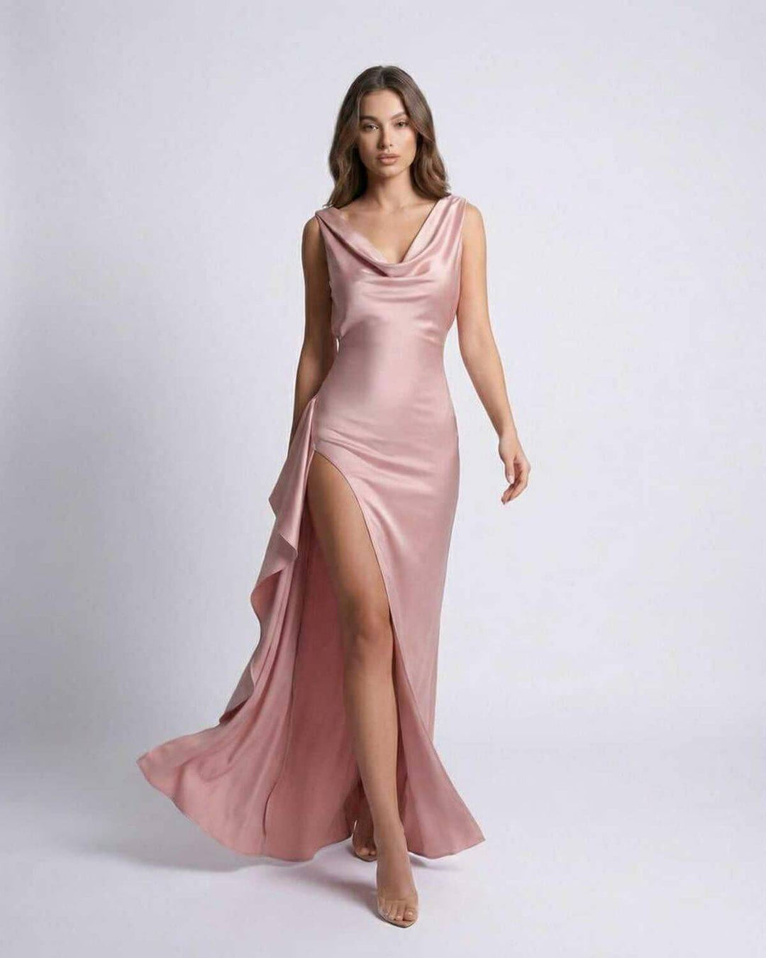 Elegante vestido de mujer maxi rosa estampado, ajustado y con cuello de pila, perfecto para club y noche.
