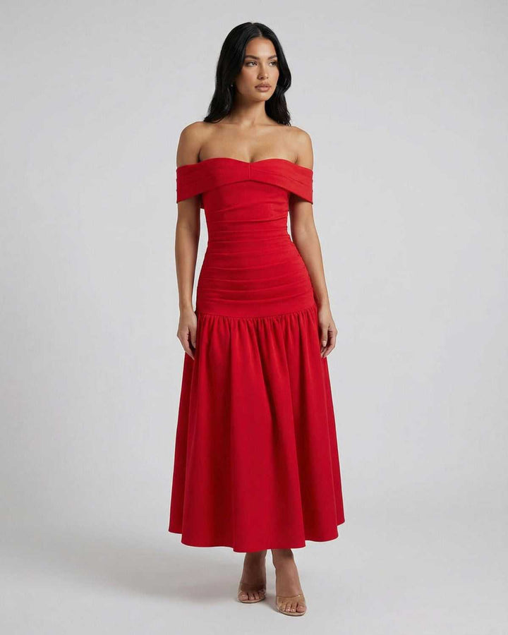 Vestido midi rojo off-shoulder. Estilo formal y sofisticado para mujer, moda primavera verano.