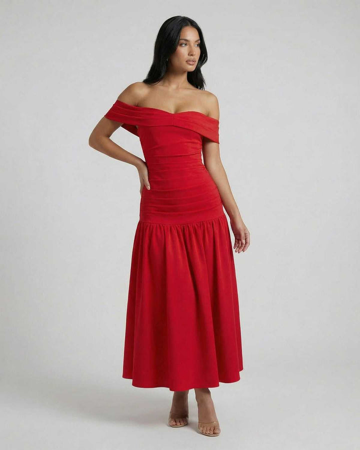 Vestido formal midi rojo off-shoulder. Vestido de noche ideal para ocasiones especiales.