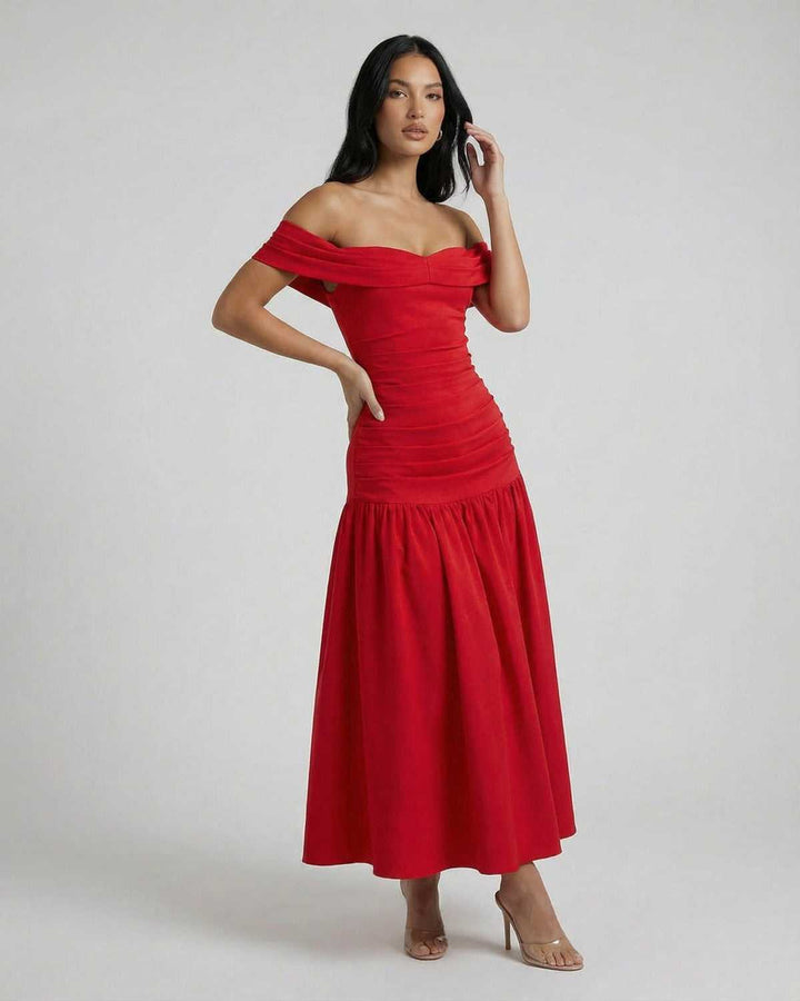 Vestido de mujer midi rojo, diseño off-shoulder. Ideal para eventos formales y ropa de fiesta.