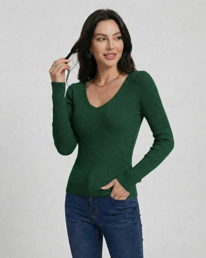 Pullover elegante de mujer, cuello V, ajuste ceñido, perfecto para la oficina en invierno.