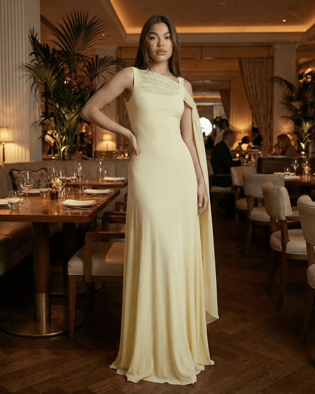 Vestido blanco Solenne, un look de moda para mujer. Incluye chal, perfecto para fiestas y eventos.