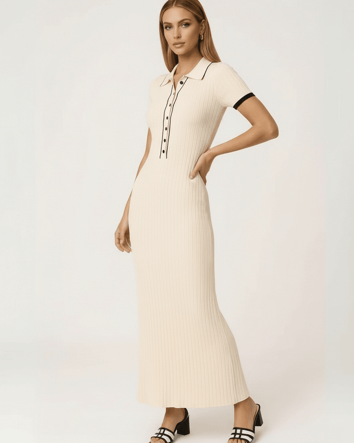 Vestido largo para mujer, beige con botones. Maxi Sorrento de moda femenina, versátil y con cuello solapa.