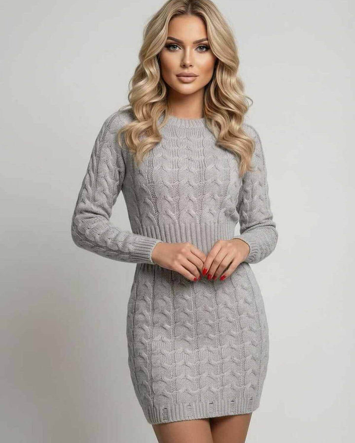 Elegante vestido mini ajustado con escote O y mangas largas para mujer. Moda de otoño/primavera, look sofisticado.