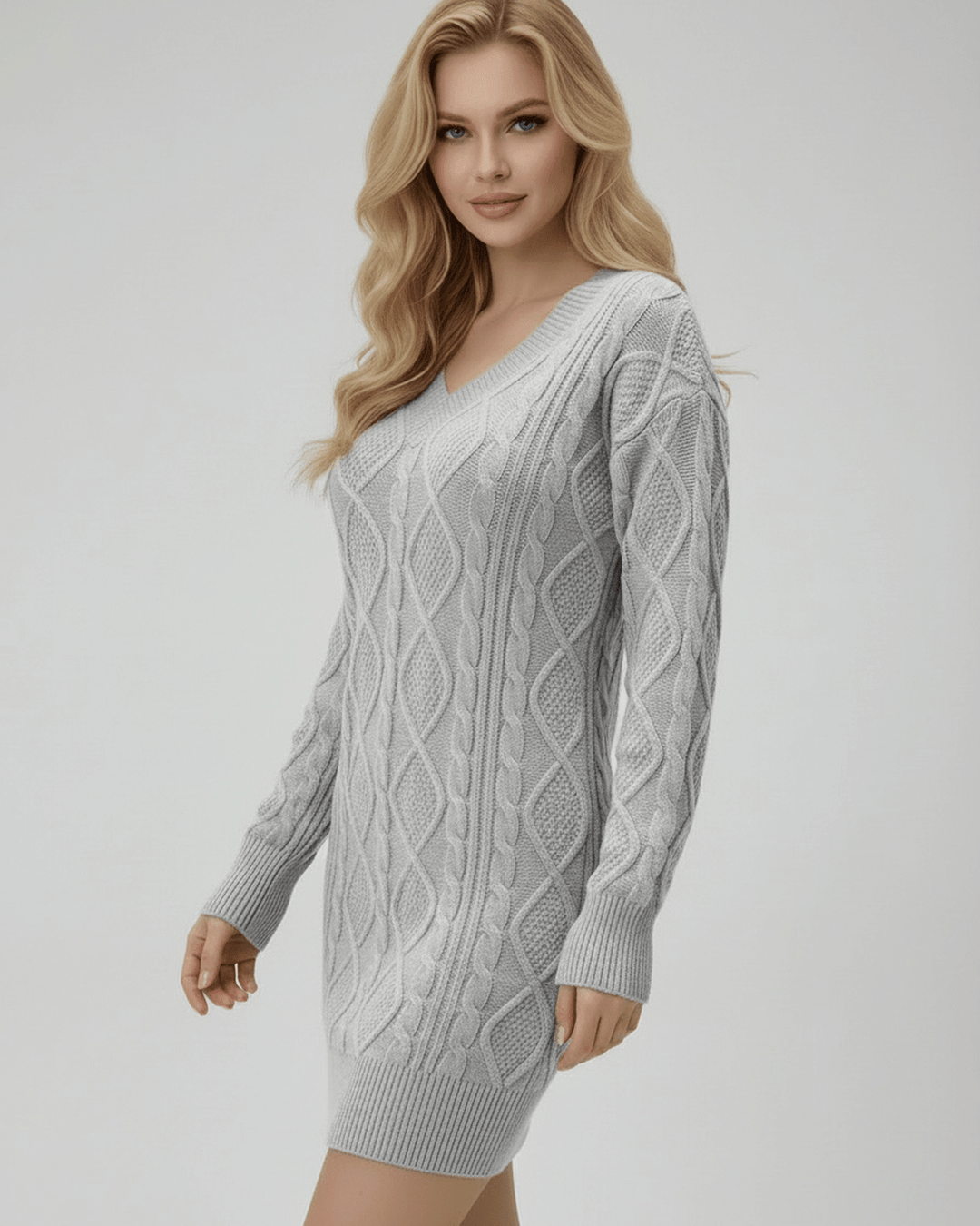Vestido mini suéter de mujer con cuello V, tejido de cable y manga larga. Ideal para moda femenina de invierno.