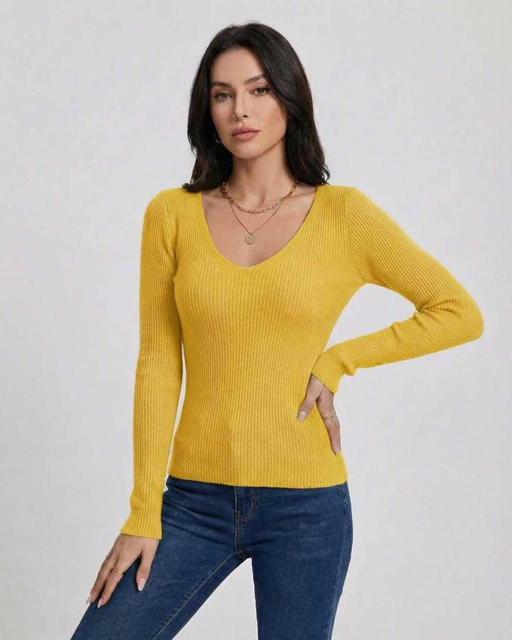 Suéter de mujer ajustado con cuello V, manga larga y rayas blancas. Pullover versátil para otoño e invierno.