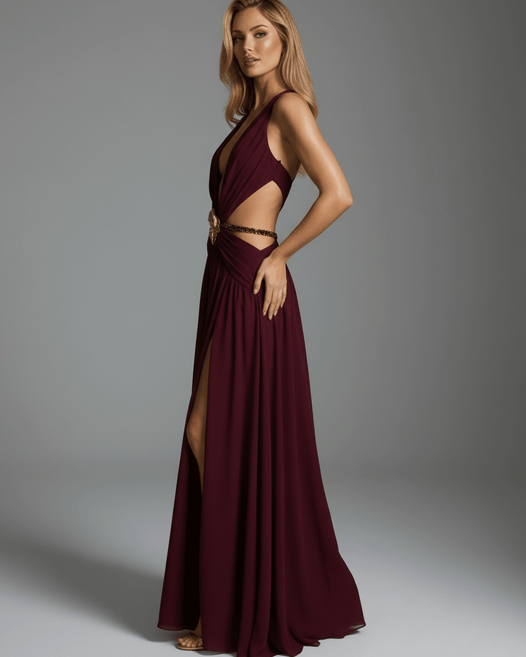 Vestido de fiesta largo en tono burdeos, con adorno metálico en el escote V. Estilo elegante.