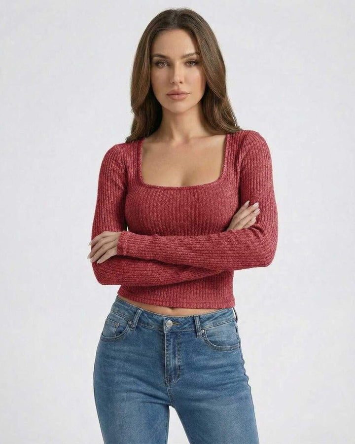 Diseño moderno de suéter rojo para mujer. Pullover de cuello en U, manga larga y ajuste elegante.