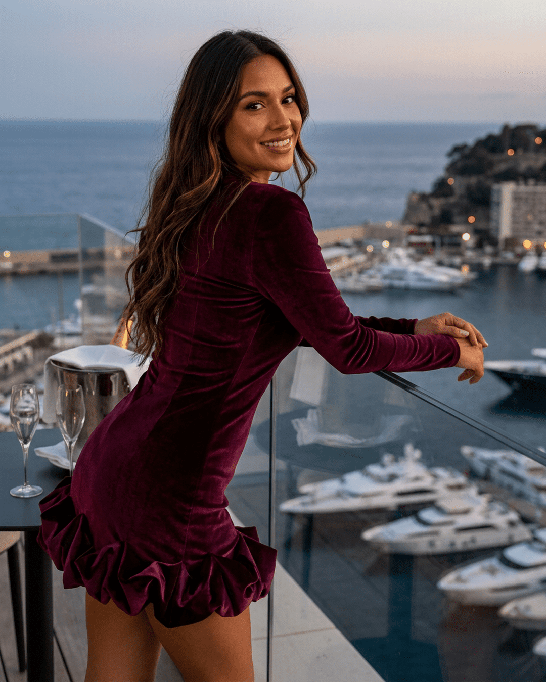 Chic vestido mini bodycon burdeos de fiesta. Manga larga, dobladillo plisado para mujer elegante.
