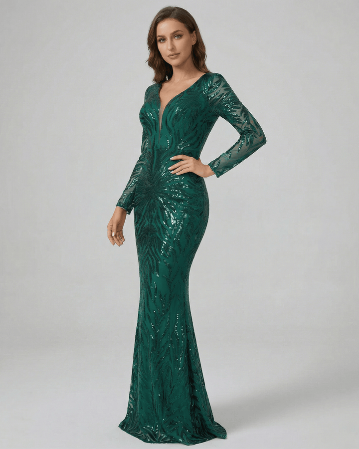 Vestido largo de fiesta color verde esmeralda con brillo, escote en V y silueta sirena, realza tu figura.