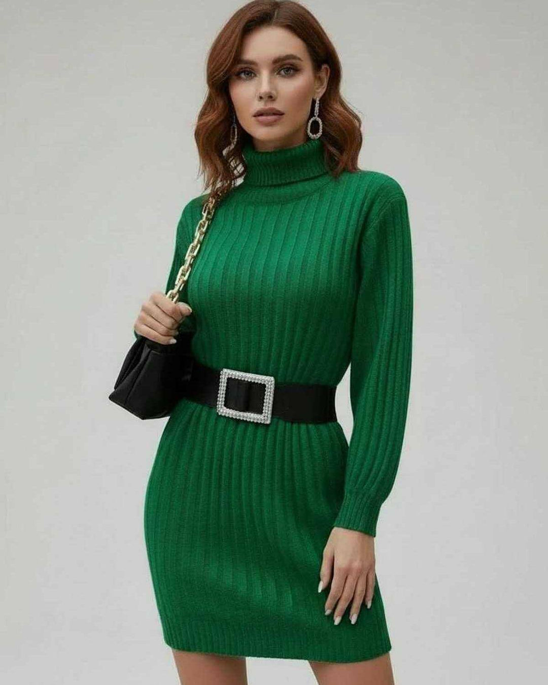 Vestido mini Verona para mujer, rayas elegantes, cuello alto y manga larga. Ideal para otoño/invierno, moda femenina.