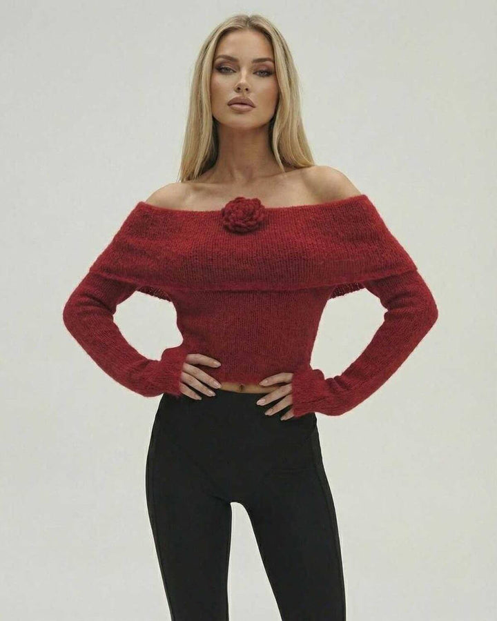 Suéter casual chic Verona para mujer, hombros descubiertos, manga acampanada y apliques florales 3D. Moda invierno.