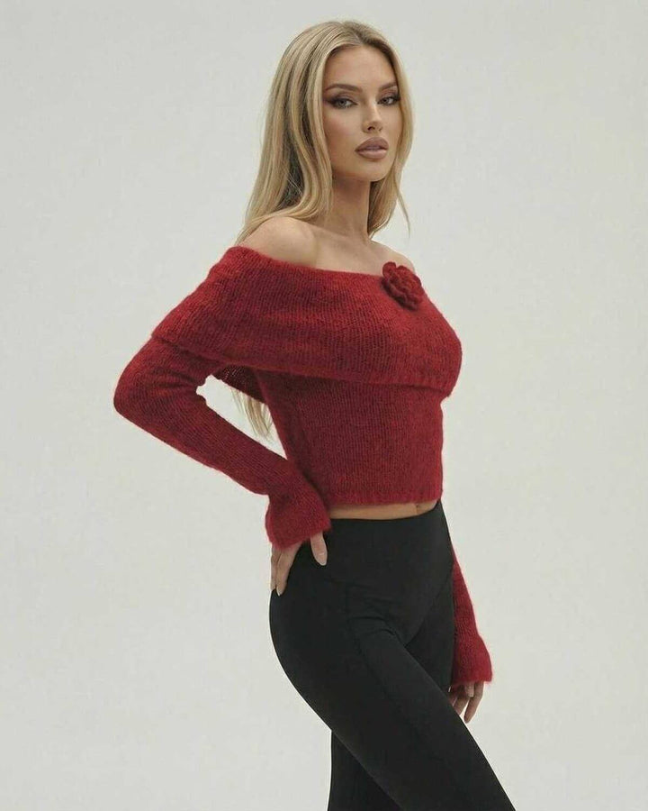 Pullover Verona mujer hombros descubiertos, manga acampanada, detalle floral 3D. Elegante para otoño e invierno.