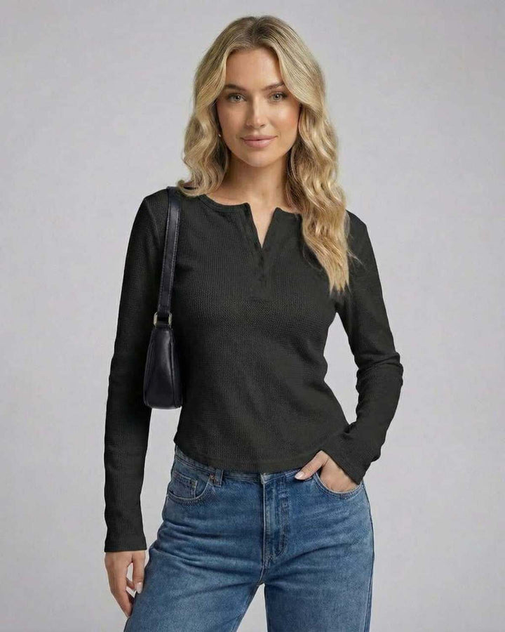 Blusa Henley de manga larga para mujer, prenda básica Vesper perfecta para primavera y otoño.