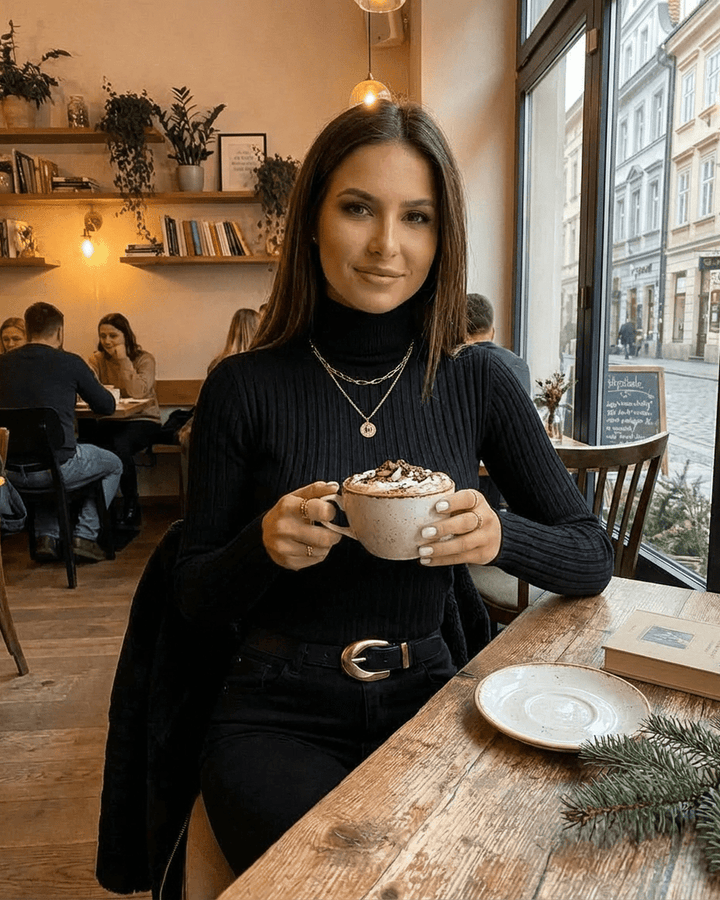 Moda suéter de mujer con cuello alto y corte ajustado. Combina estilo y funcionalidad para otoño e invierno.