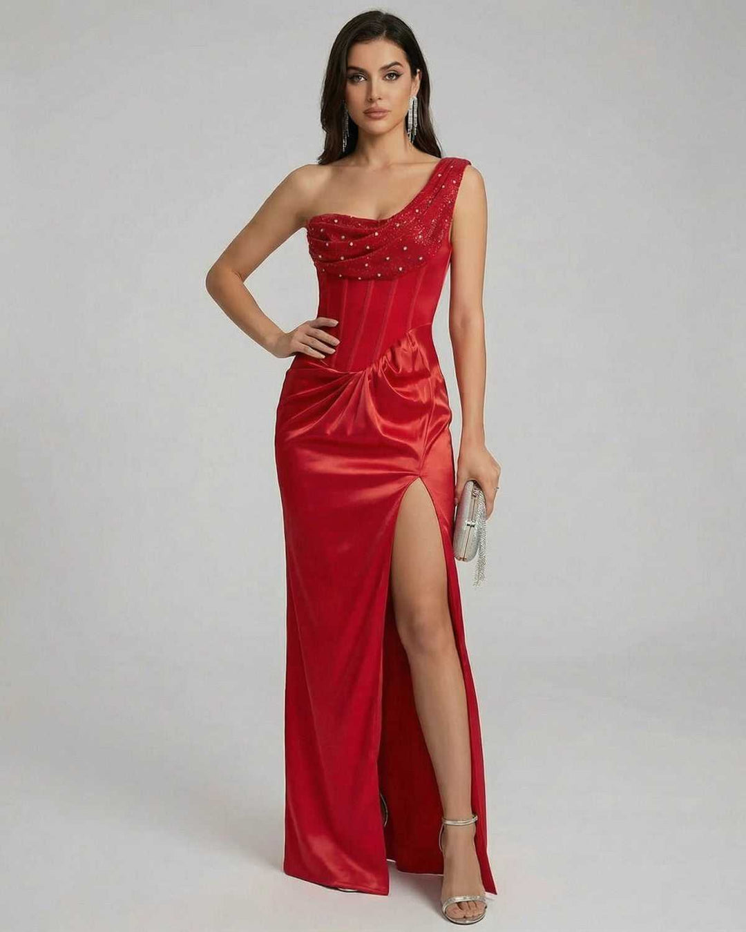 Vestido de fiesta formal maxi para mujer, elegante y de noche, con estilo hombro descubierto.