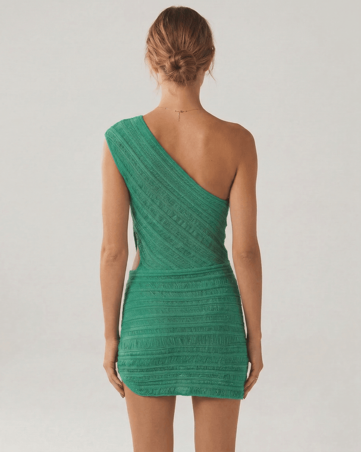 Vestido de fiesta viridian ajustado. Estilo moderno para noche, diseño asimétrico.