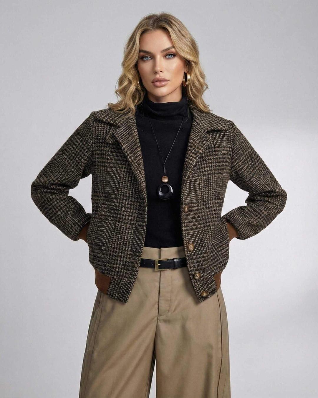 Chaqueta de cuadros para mujer, estilo clásico elegante. Ideal para oficina, otoño o un look urbano refinado.
