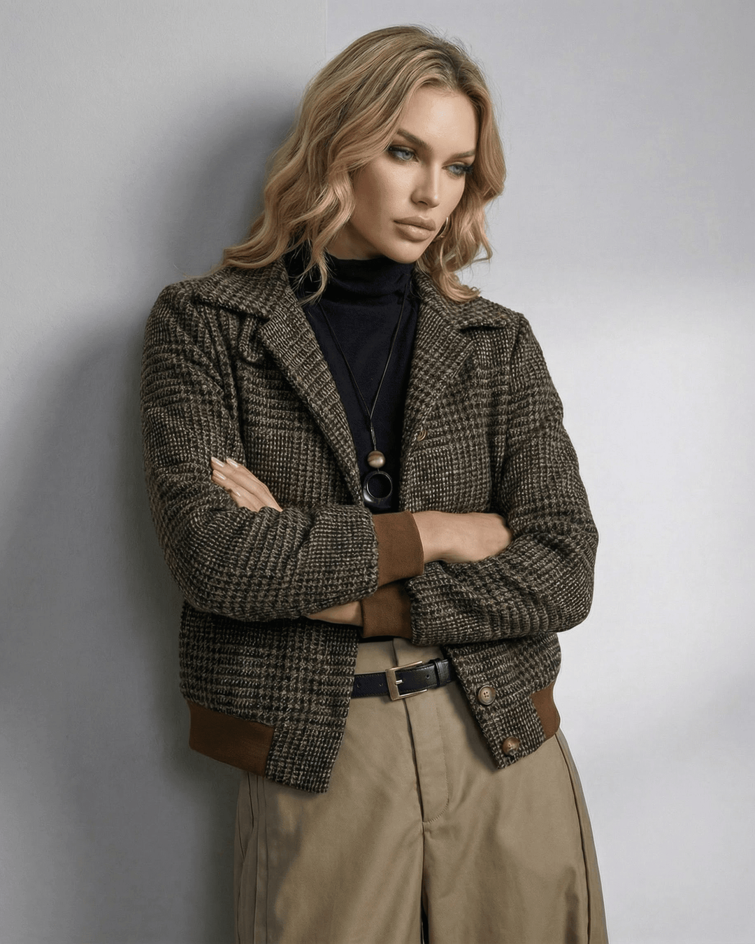 Chaqueta de cuadros de mujer, estilo versátil clásico y refinado. Perfecta para looks formales y casuales en otoño.
