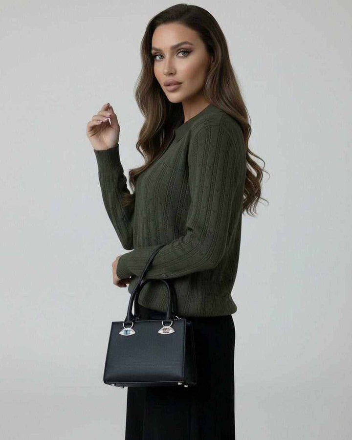 Suéter de punto de moda verde oliva para mujer, estilo casual elegante, prenda de otoño-invierno.