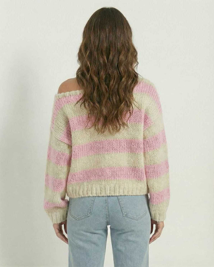 Suéter casual de punto con rayas para mujer, color rosé. Pullover cómodo y moderno para looks relajados.