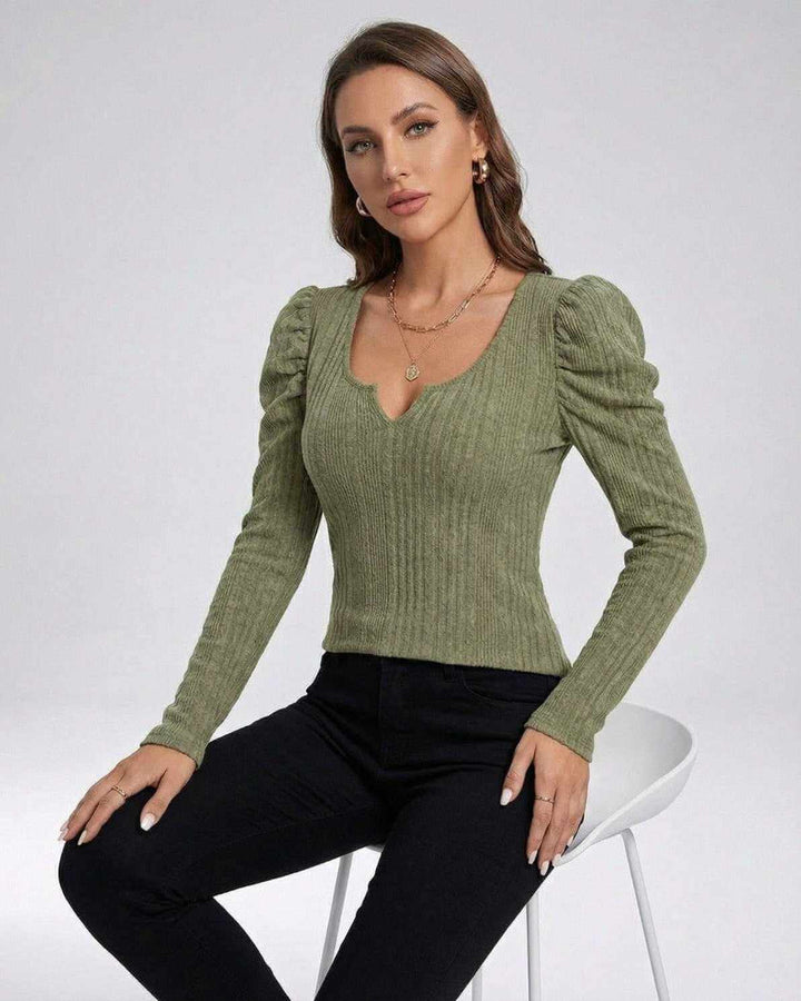 Suéter acanalado para mujer, elegante y casual, con escote cuadrado y mangas largas.