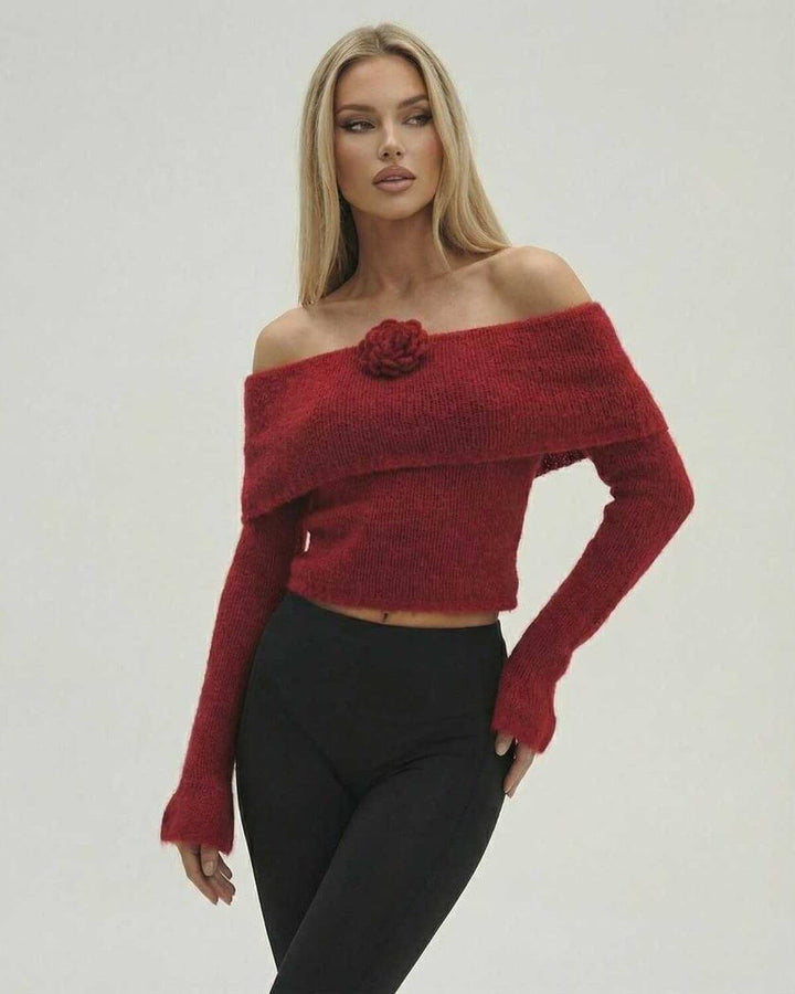 Suéter casual chic de mujer, hombros descubiertos, manga acampanada y apliques florales 3D. Comodidad y estilo.