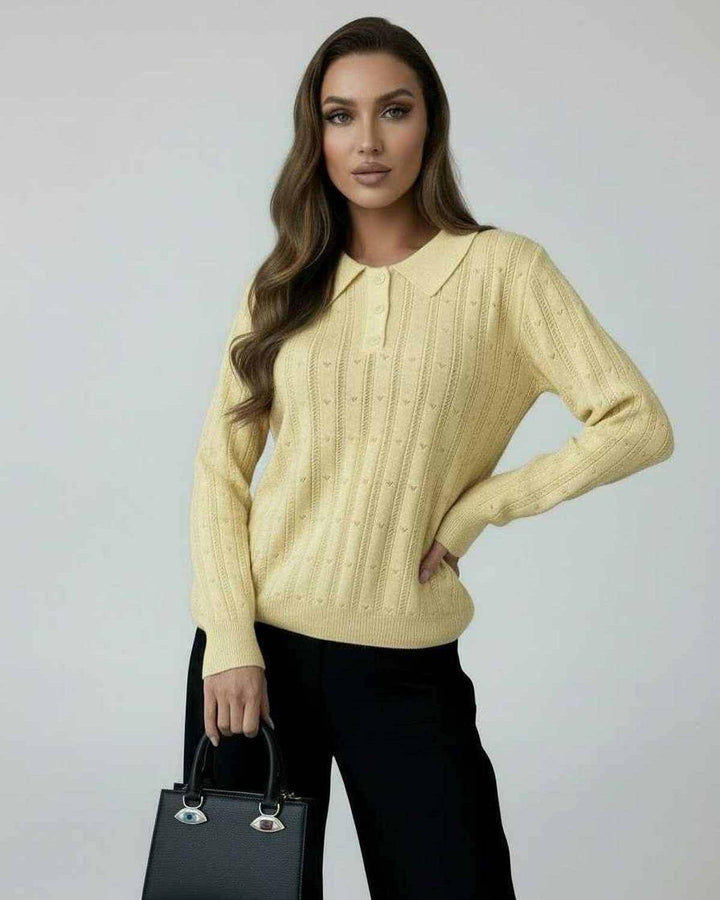 Jersey amarillo de moda para mujer, estilo elegante y casual, con cuello y manga larga.