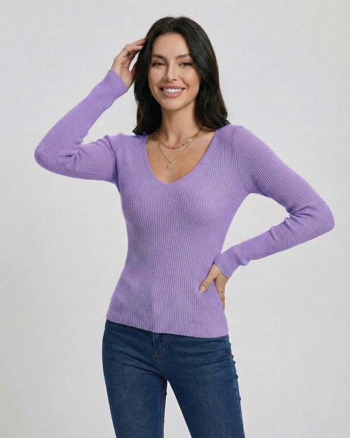 Suéter de punto lavanda para mujer, con elegante escote V. Ropa casual femenina, perfecta para el otoño invierno.