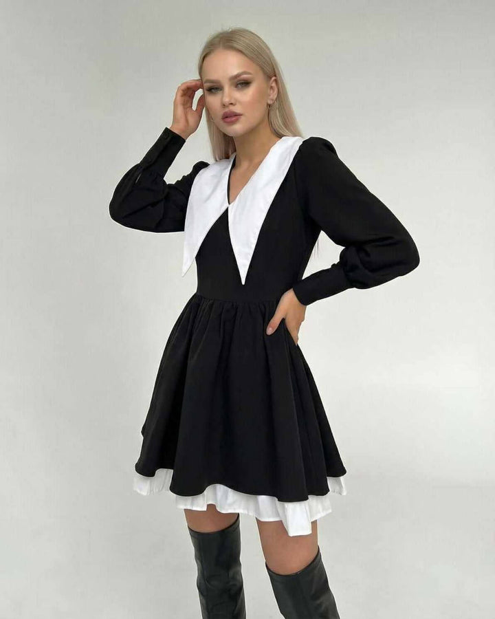 Vestido mini de fiesta para mujer, elegante, con cuello solapa, patchwork blanco y negro, perfecto para eventos.