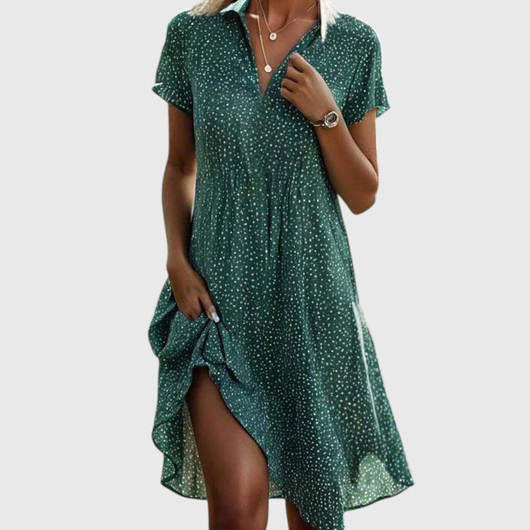 Vestido midi casual de verano para mujer, cuello V. Ideal para playa, primavera. Tejido fresco y fluido.