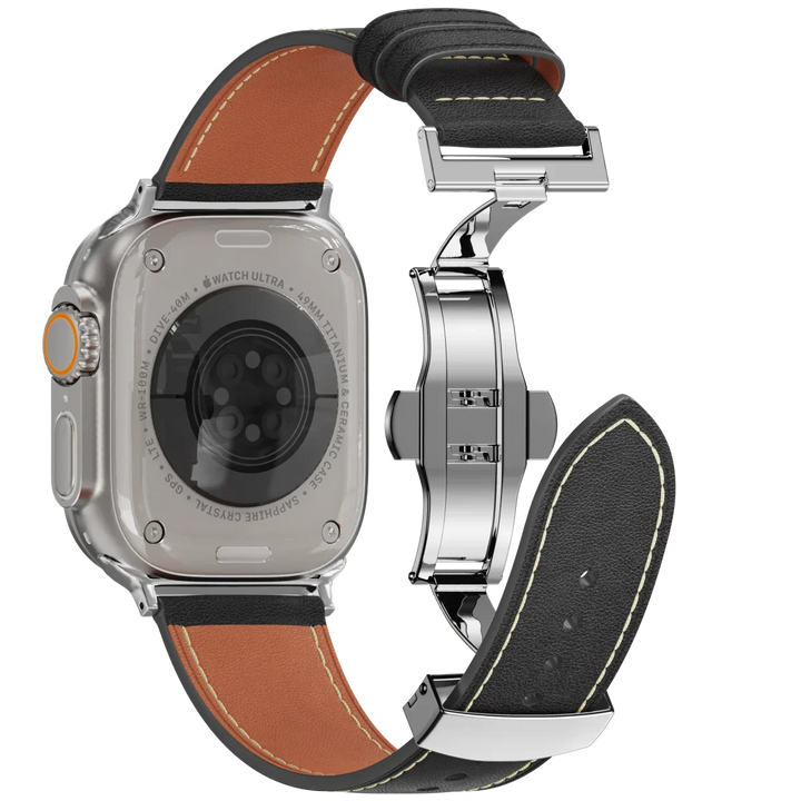 Correa de cuero marrón para Apple Watch, cierre de mariposa. Elegante, cómoda y duradera.