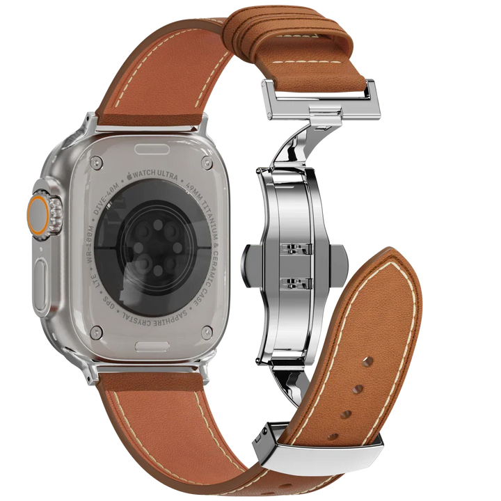 Accesorio Apple Watch: correa de cuero marrón oscuro, cierre de mariposa. Confort y estilo clásico.