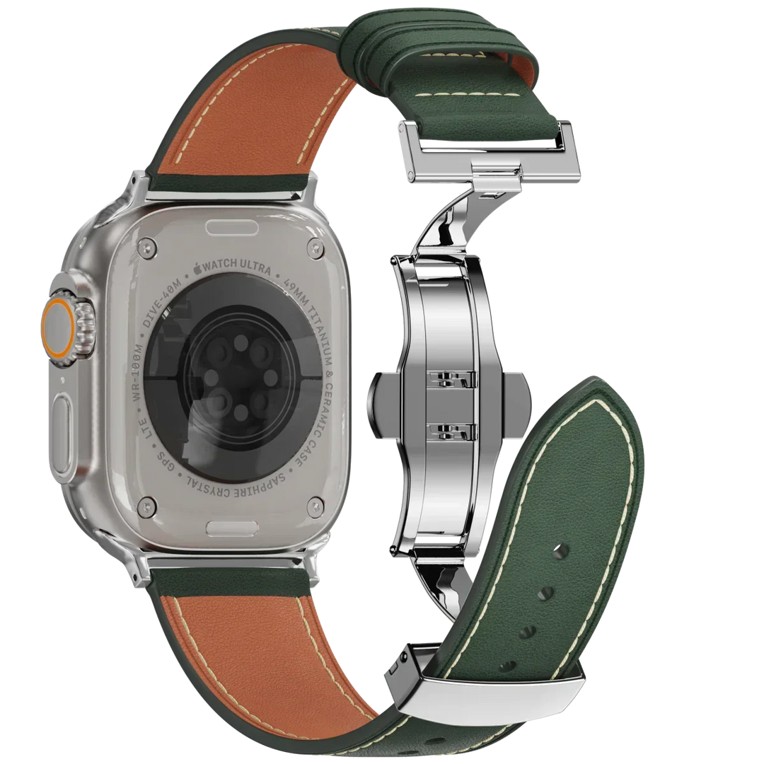 Accesorio premium: correa de cuero negro para Apple Watch con cierre de mariposa. Estilo y confort.