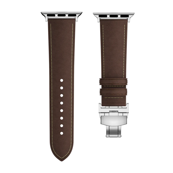 Reloj inteligente: correa de cuero gris con cierre de mariposa para Apple Watch. Estilo versátil.
