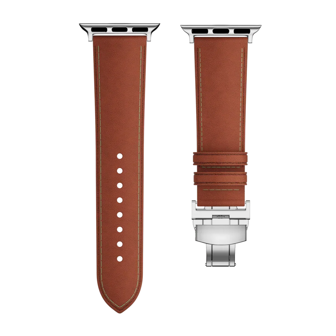 Correa de cuero blanco para Apple Watch, cierre de mariposa. Accesorio elegante y duradero.