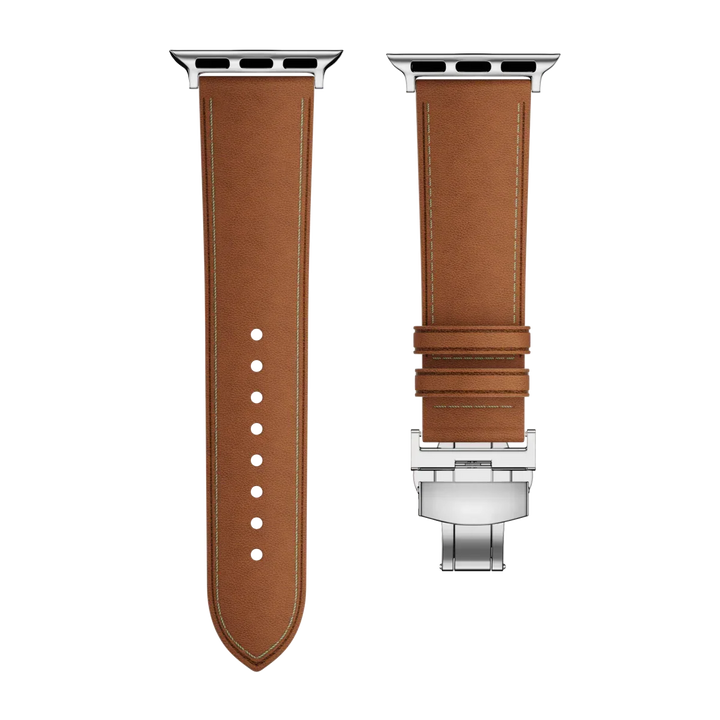 Correa de cuero para Apple Watch Series, cierre de mariposa, color tostado. Confort y toque premium.