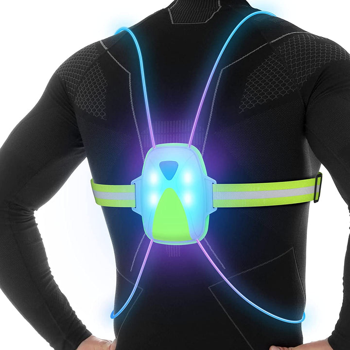 Chaleco LED reflectante recargable USB para corredores, alta visibilidad nocturna en deportes.