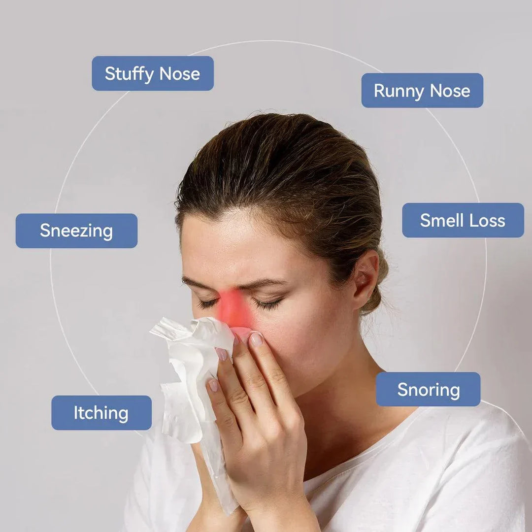 Dispositivo infrarrojo compacto para aliviar alergias y sinusitis. Promueve la salud respiratoria.